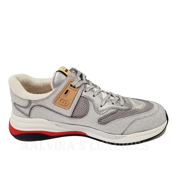 GUCCI SNEAKERS MENS ULTRAPACE SILVER LEATHER SHOES w LOGO